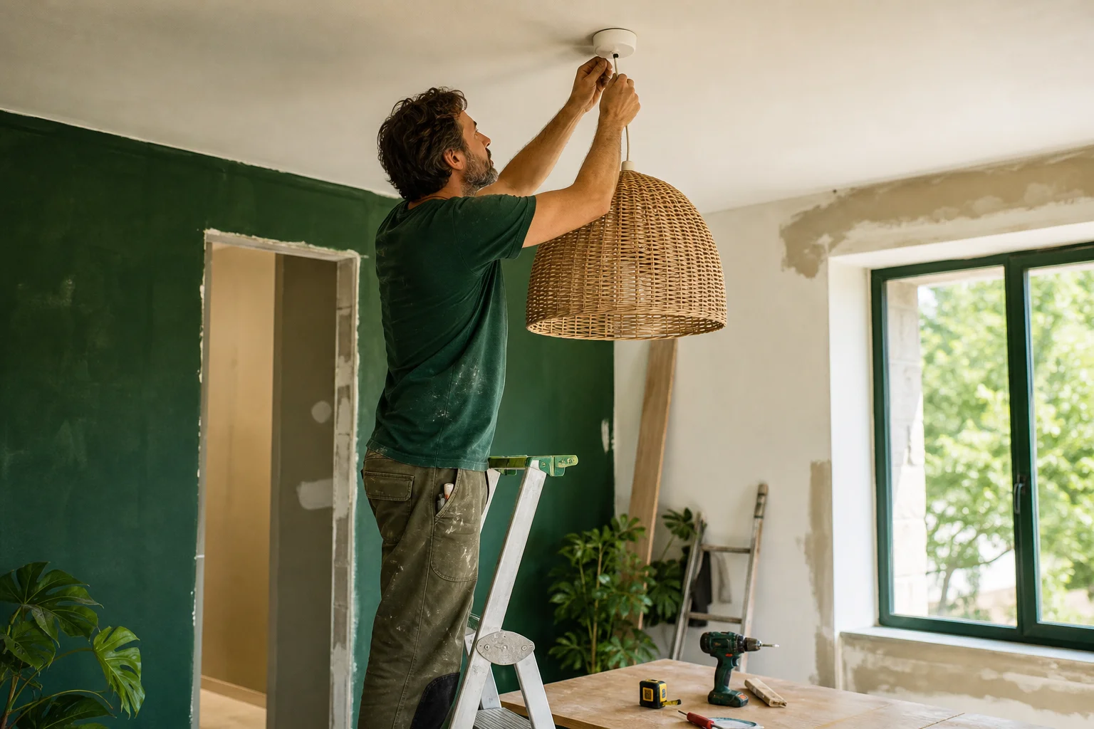 installation sécurisée d'un abat jour rotin au plafond