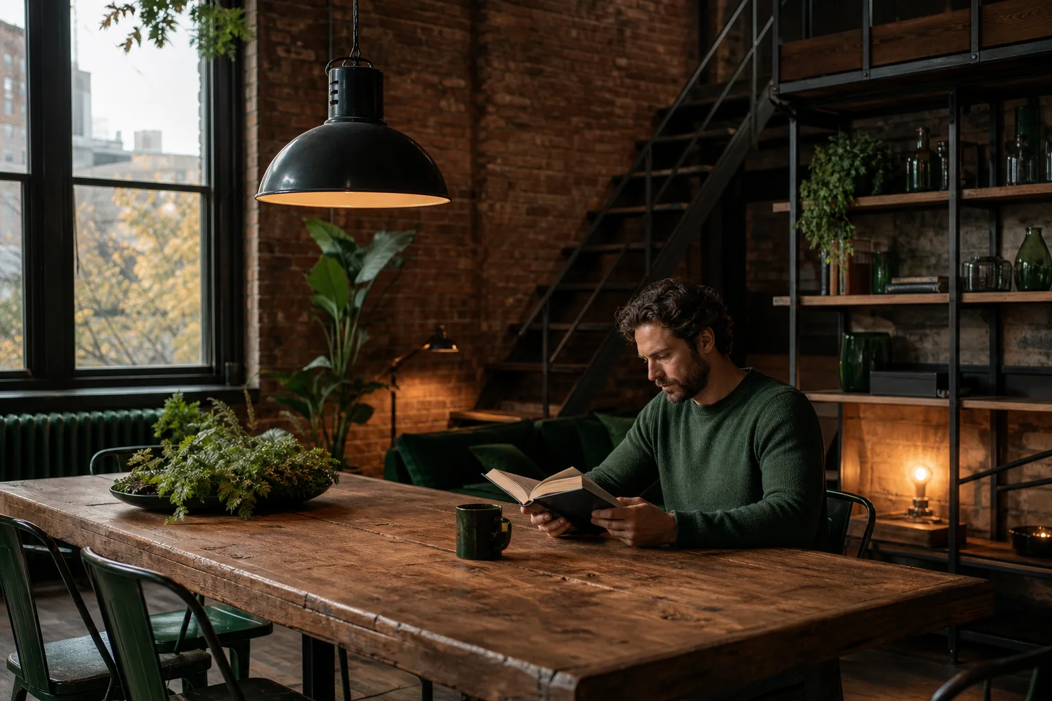Intérieur style industriel avec matériaux bruts et mobilier métallique
