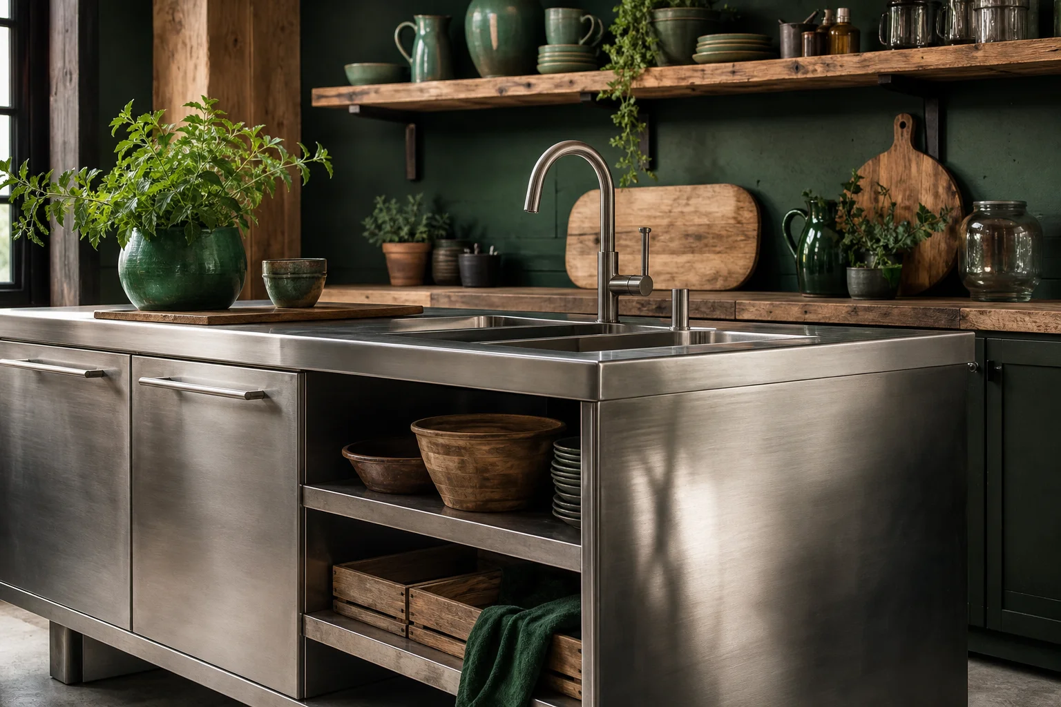 matériaux bruts acier et bois pour cuisine style industriel