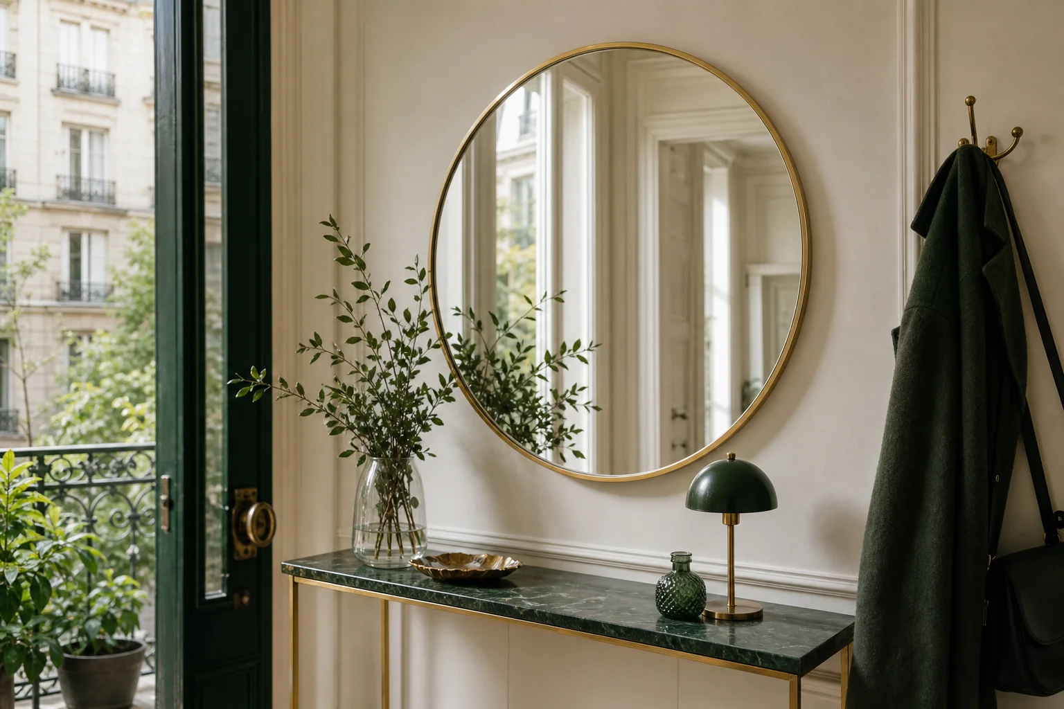 miroir mural au-dessus d'une console d'entrée pour agrandir l'espace