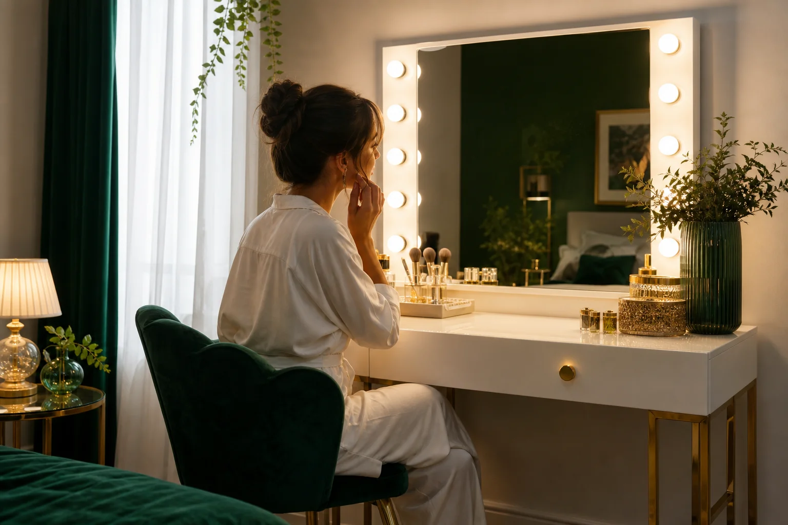 Miroir lumineux LED sur une coiffeuse chambre moderne