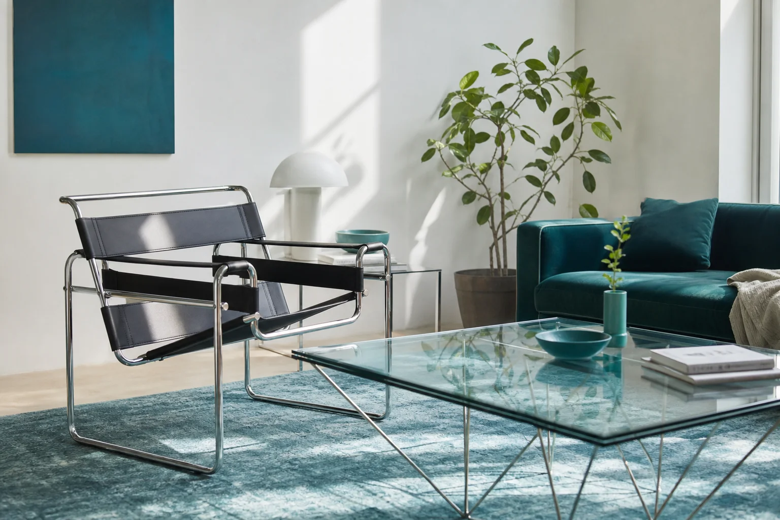 Salon décoré dans l'esprit bauhaus design avec mobilier iconique