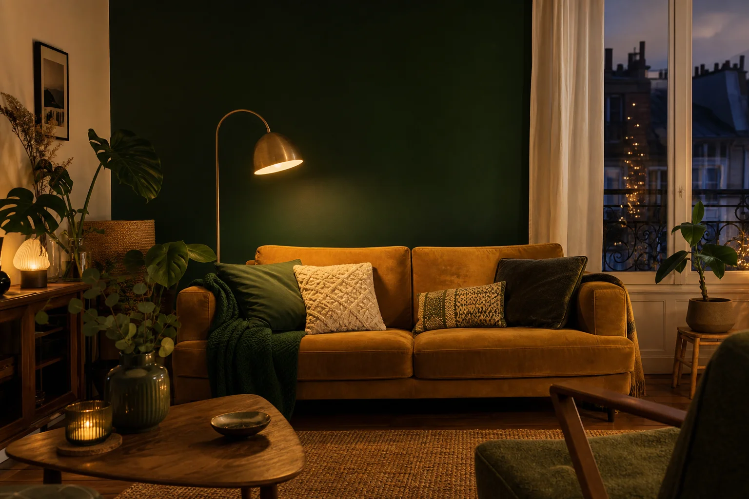 Mur d'accent vert sapin dans un salon cosy avec canapé moutarde