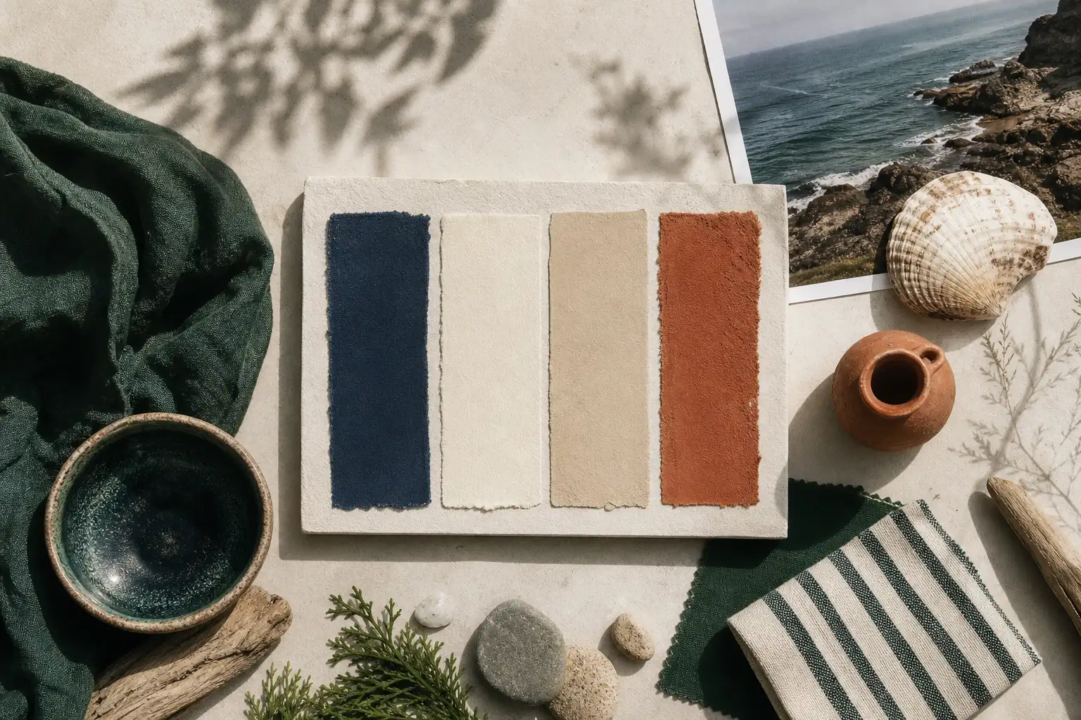 palette de couleurs déco bord de mer bleu marine et tons sable