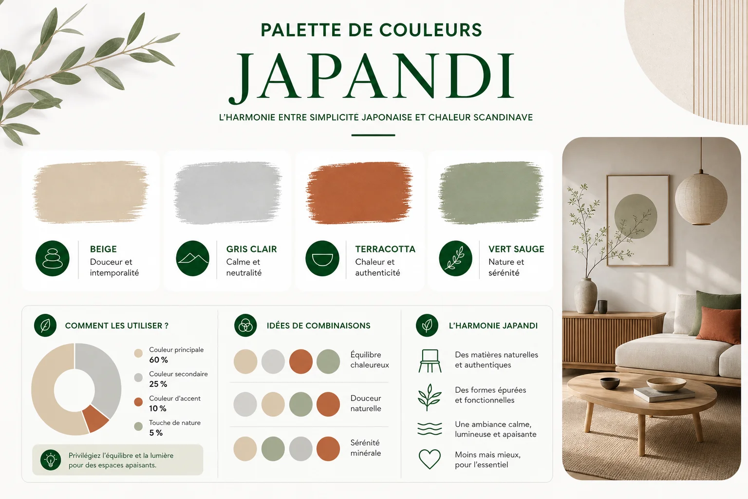 palette de couleurs du style japandi en tons neutres et naturels