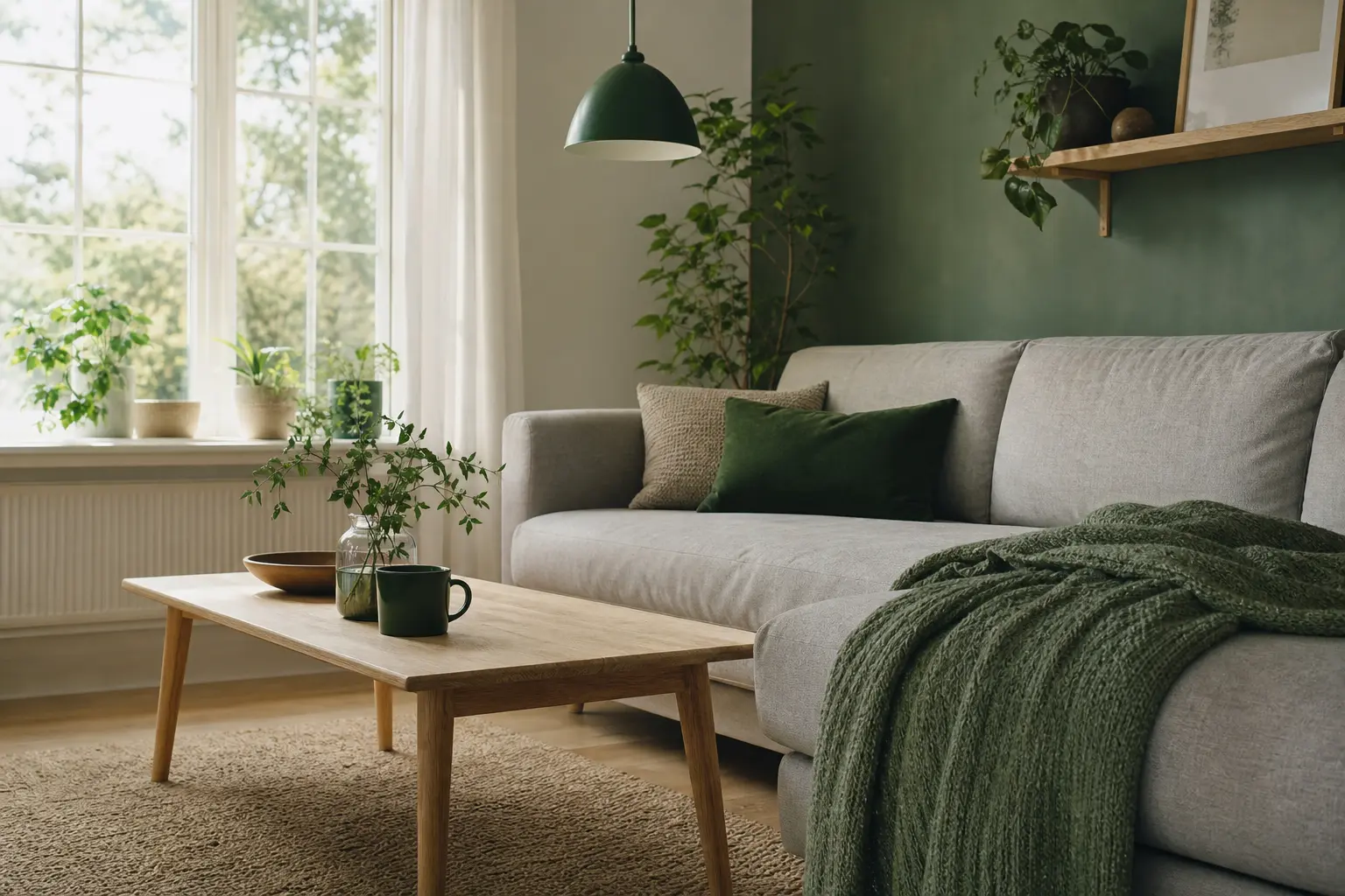 Salon style scandinave minimaliste avec mobilier clair et lumière naturelle