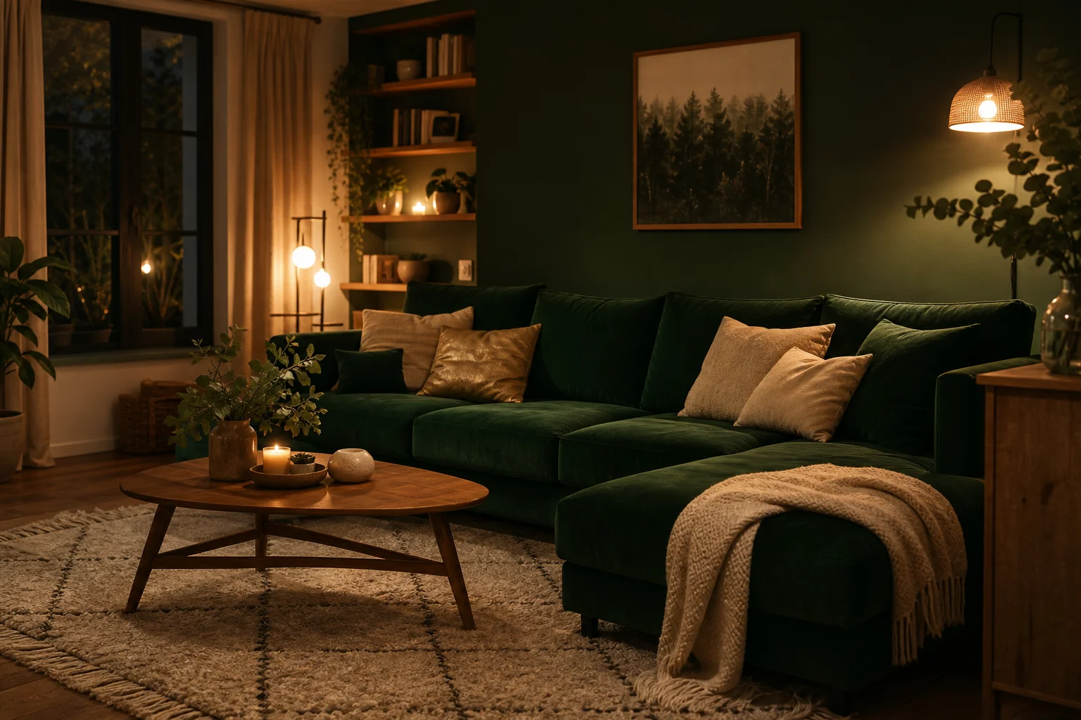 Salon vert sapin cosy avec coussins dorés et beige