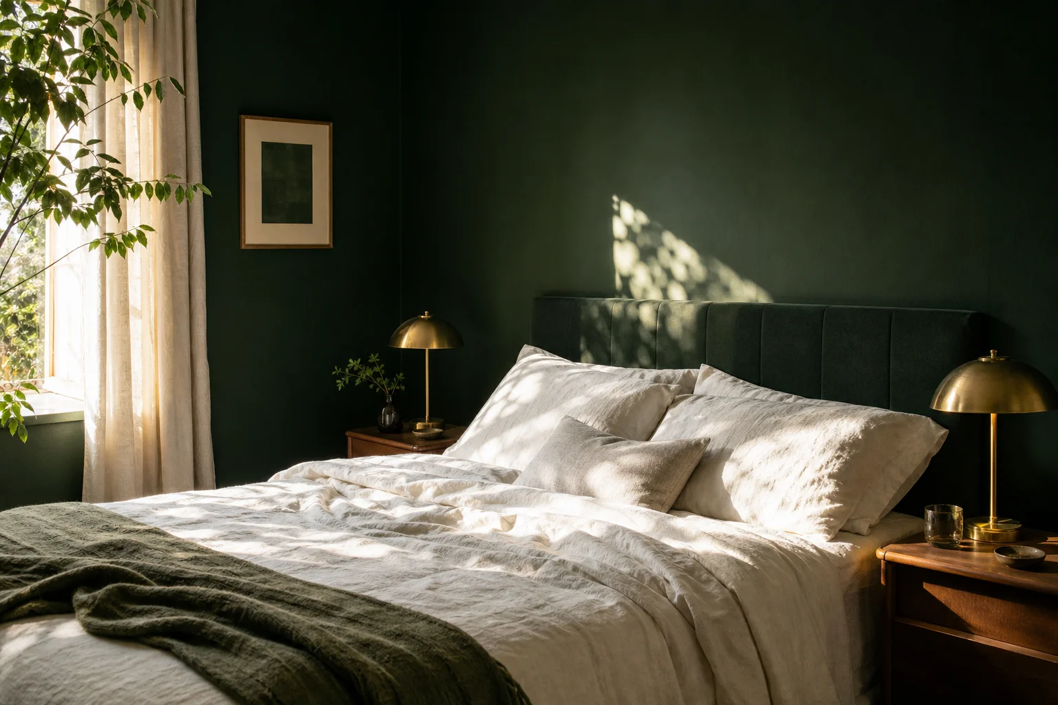 Tête de lit vert sapin dans une chambre apaisante