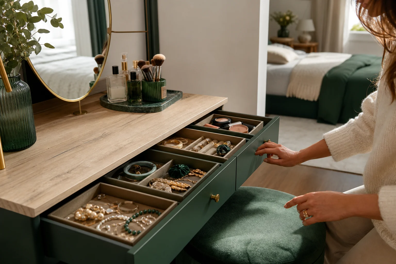 Tiroirs de rangement organisés dans une coiffeuse chambre